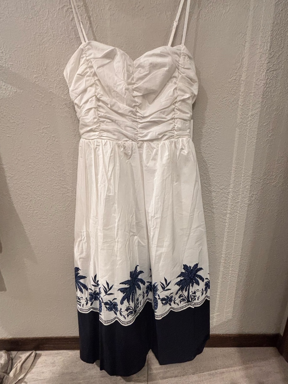 White Midi Sundress with Navy Palm-Print Hem